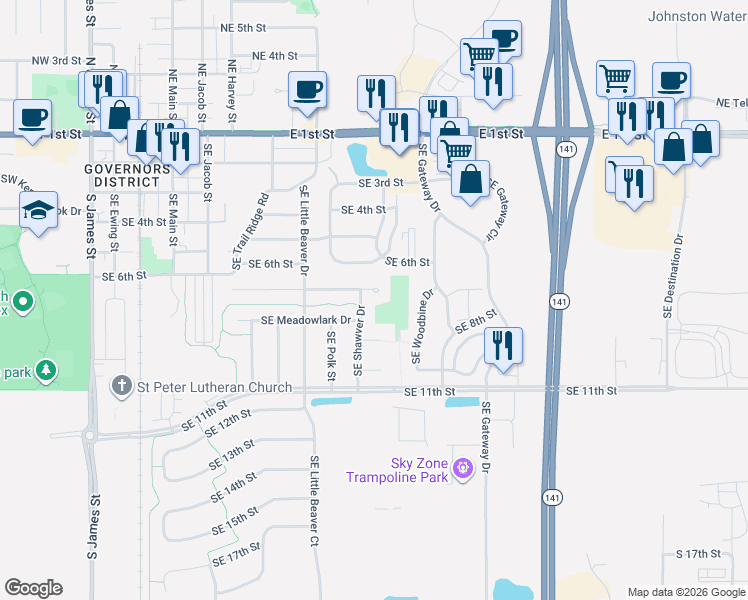 map of restaurants, bars, coffee shops, grocery stores, and more near 1105 Southeast Dolan Drive in Grimes