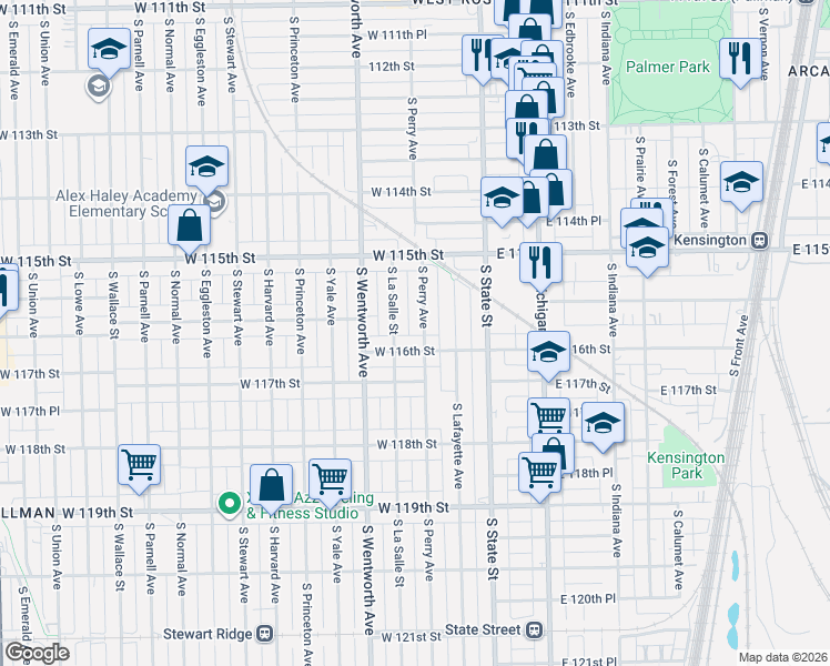 map of restaurants, bars, coffee shops, grocery stores, and more near 11558 South Perry Avenue in Chicago