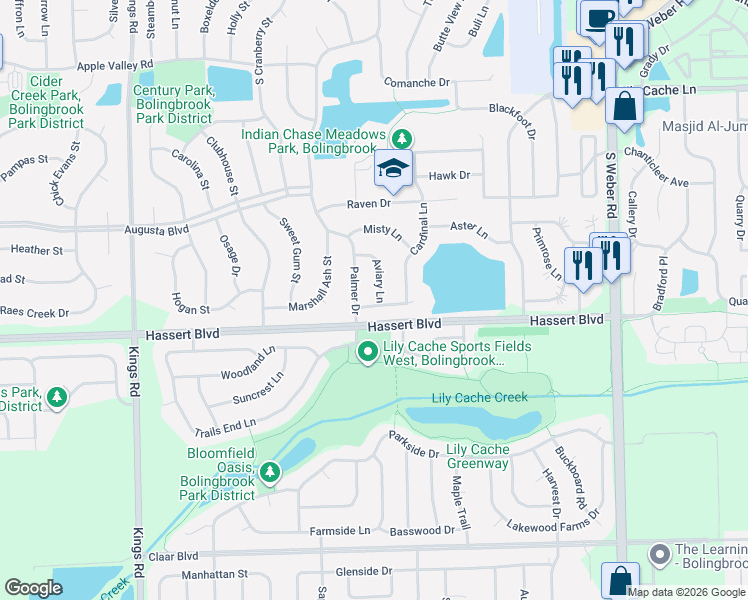 map of restaurants, bars, coffee shops, grocery stores, and more near 398 Aviary Lane in Bolingbrook