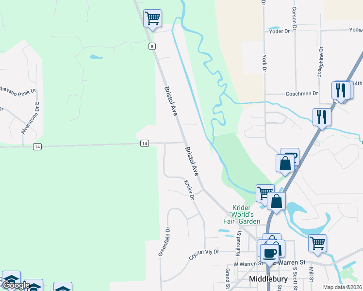 map of restaurants, bars, coffee shops, grocery stores, and more near 500 Bristol Avenue in Middlebury