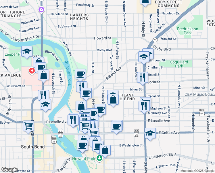 map of restaurants, bars, coffee shops, grocery stores, and more near 709 Miner Street in South Bend