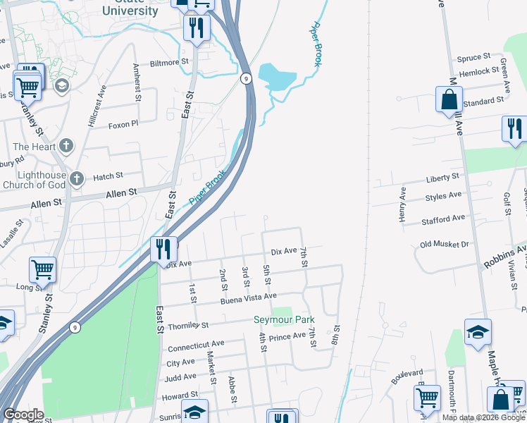 map of restaurants, bars, coffee shops, grocery stores, and more near 23 Coburn Circle in Newington