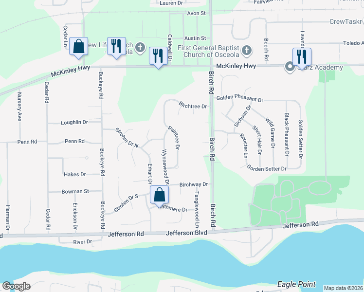 map of restaurants, bars, coffee shops, grocery stores, and more near 55811 Raintree Drive in Osceola