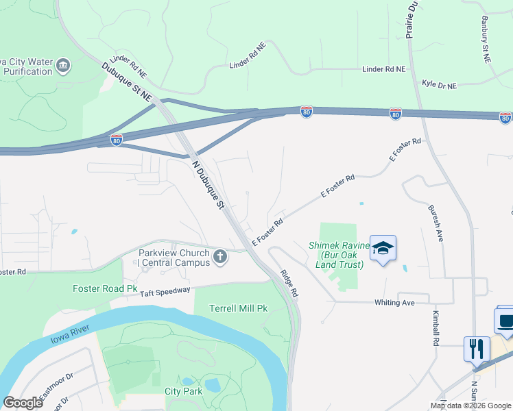 map of restaurants, bars, coffee shops, grocery stores, and more near 1958 Meadow Ridge Lane in Iowa City