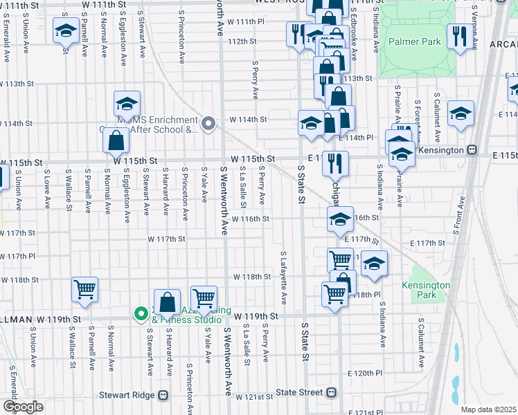 map of restaurants, bars, coffee shops, grocery stores, and more near 11558 South Perry Avenue in Chicago
