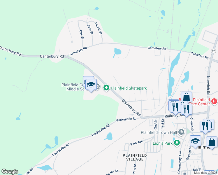 map of restaurants, bars, coffee shops, grocery stores, and more near 75 Canterbury Road in Plainfield
