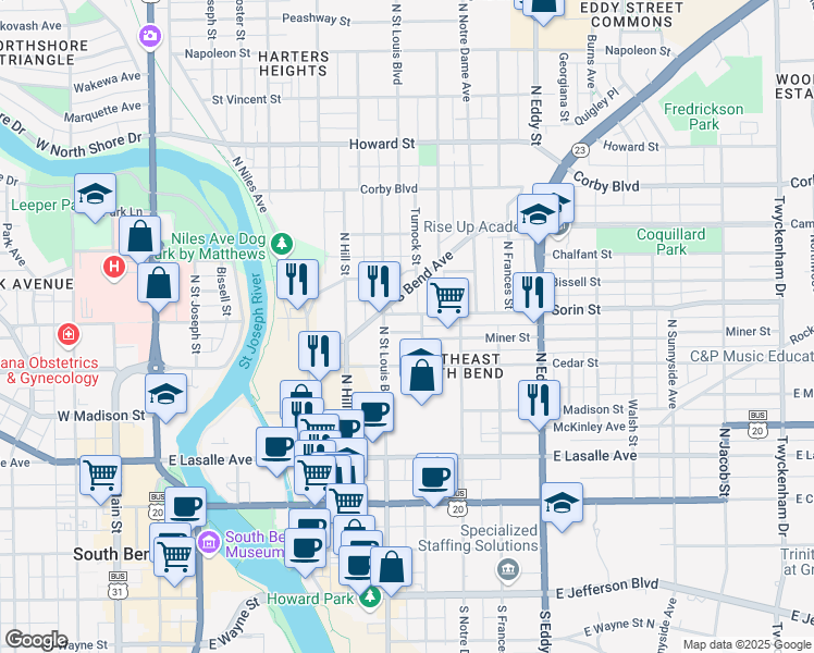 map of restaurants, bars, coffee shops, grocery stores, and more near 713 Miner Street in South Bend