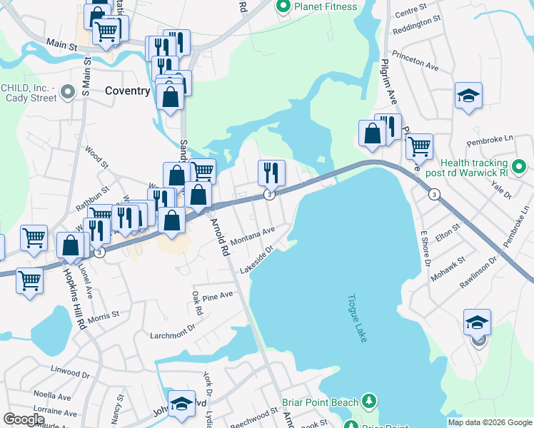 map of restaurants, bars, coffee shops, grocery stores, and more near 6 Colorado Street in Coventry