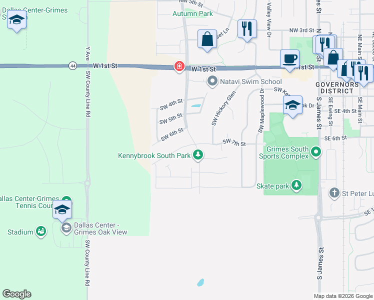 map of restaurants, bars, coffee shops, grocery stores, and more near 1101 Southwest 7th Street in Grimes