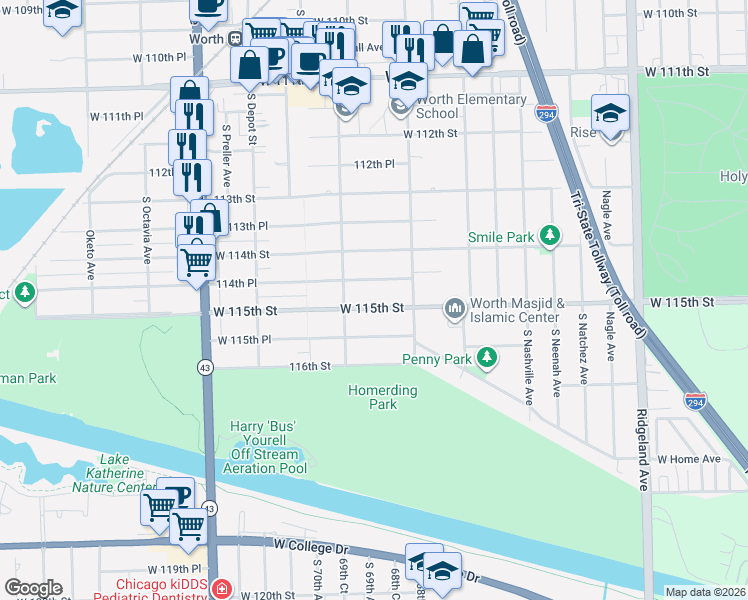 map of restaurants, bars, coffee shops, grocery stores, and more near 6841 114th Place in Worth