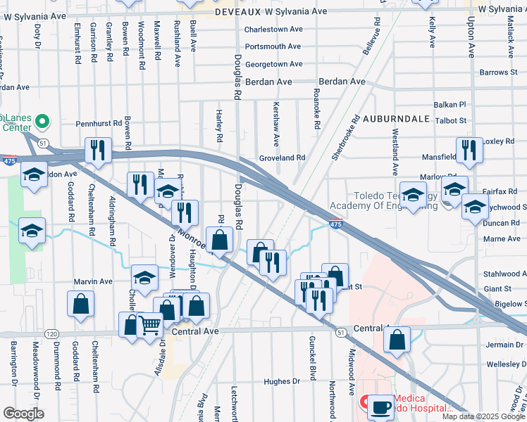 map of restaurants, bars, coffee shops, grocery stores, and more near 3442 Anderson Parkway in Toledo