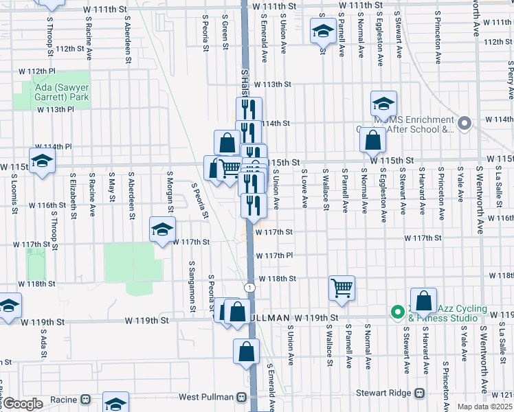 map of restaurants, bars, coffee shops, grocery stores, and more near 11631 South Halsted Street in Chicago