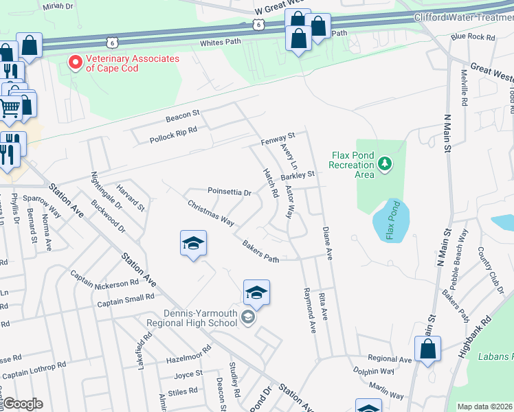 map of restaurants, bars, coffee shops, grocery stores, and more near 43 Poinsettia Drive in Yarmouth