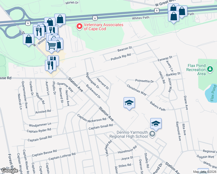 map of restaurants, bars, coffee shops, grocery stores, and more near 52 Browning Avenue in Yarmouth