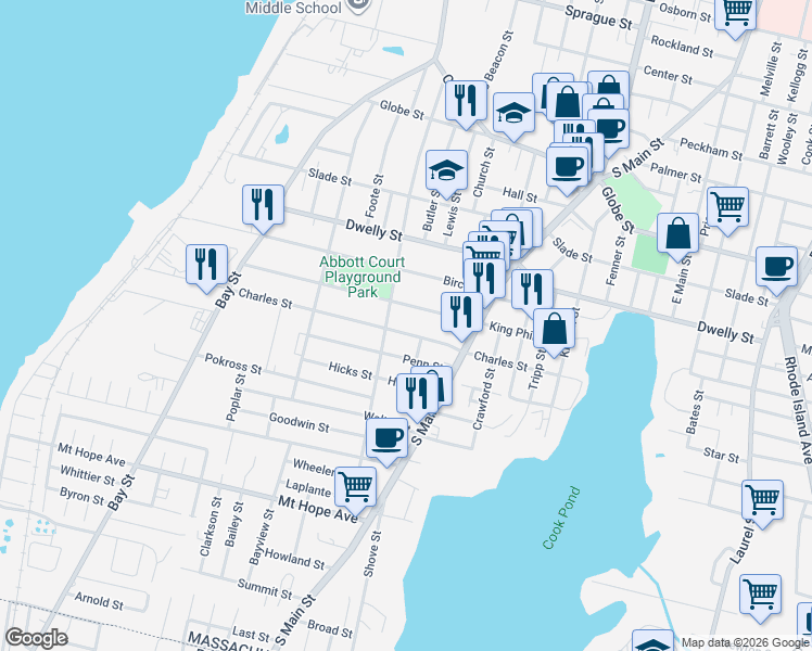 map of restaurants, bars, coffee shops, grocery stores, and more near 521 King Street in Fall River