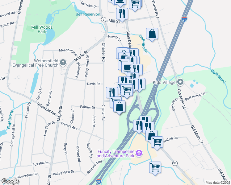 map of restaurants, bars, coffee shops, grocery stores, and more near 96 Mountain Laurel Drive in Wethersfield