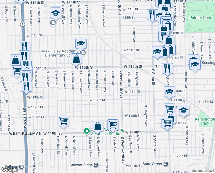 map of restaurants, bars, coffee shops, grocery stores, and more near 11557 South Princeton Avenue in Chicago