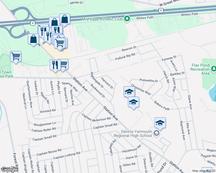 map of restaurants, bars, coffee shops, grocery stores, and more near 22 Harvard Street in Yarmouth