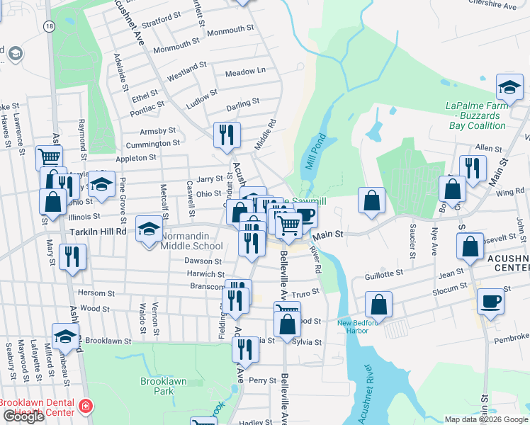 map of restaurants, bars, coffee shops, grocery stores, and more near 987 Belleville Avenue in New Bedford