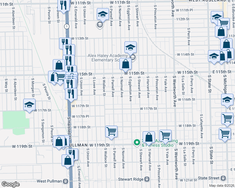 map of restaurants, bars, coffee shops, grocery stores, and more near 522 West 116th Street in Chicago