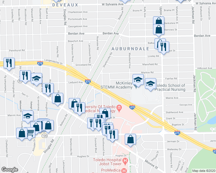 map of restaurants, bars, coffee shops, grocery stores, and more near 3427 Saint Bernard Drive in Toledo