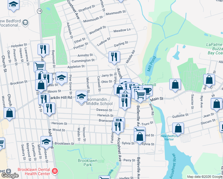map of restaurants, bars, coffee shops, grocery stores, and more near 15 Chicopee Street in New Bedford