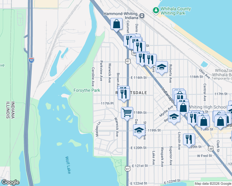 map of restaurants, bars, coffee shops, grocery stores, and more near 1632 Brown Avenue in Whiting