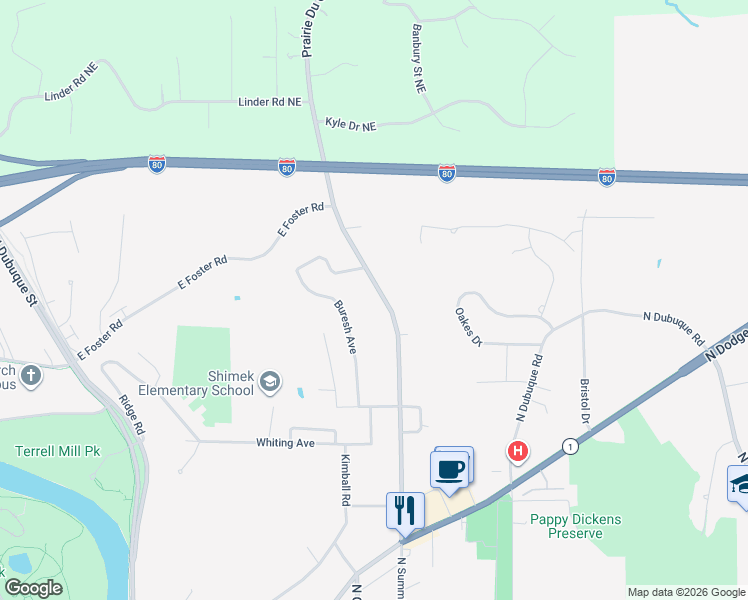 map of restaurants, bars, coffee shops, grocery stores, and more near 1533 Prairie Du Chien Road in Iowa City