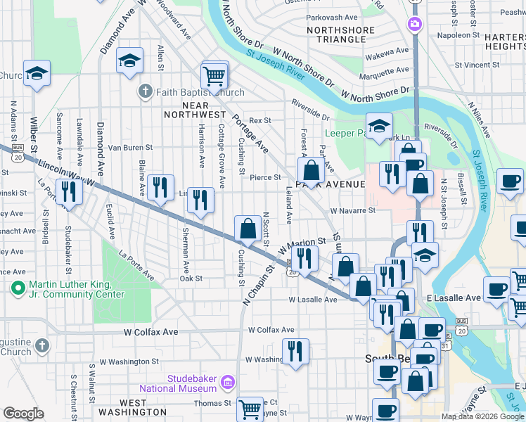 map of restaurants, bars, coffee shops, grocery stores, and more near 700-748 Lindsey St in South Bend