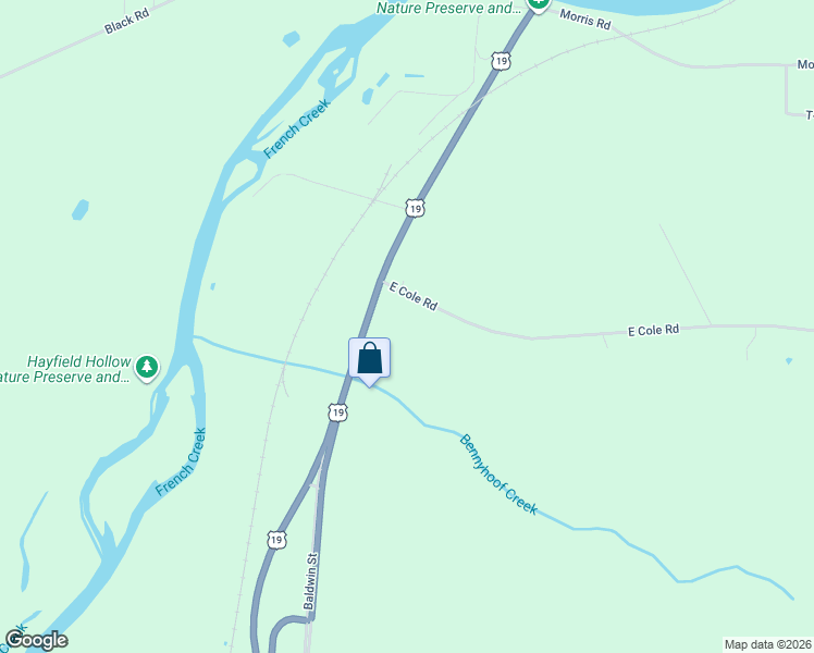 map of restaurants, bars, coffee shops, grocery stores, and more near 18801-19485 East Cole Road in Meadville