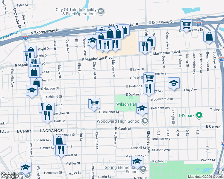 map of restaurants, bars, coffee shops, grocery stores, and more near 555 East Hudson Street in Toledo