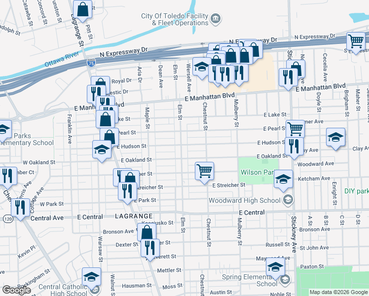 map of restaurants, bars, coffee shops, grocery stores, and more near 3335 Elm Street in Toledo