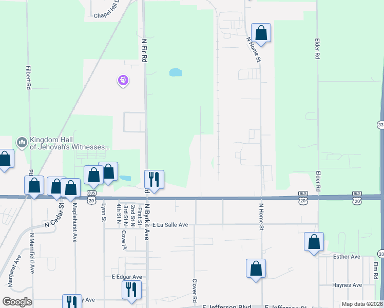map of restaurants, bars, coffee shops, grocery stores, and more near 55601 Clover Road in Mishawaka