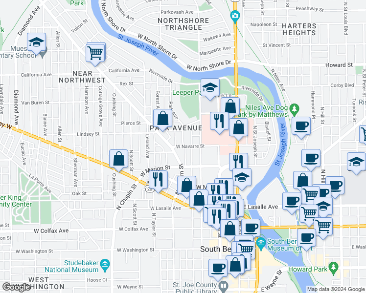 map of restaurants, bars, coffee shops, grocery stores, and more near 601 Park Avenue in South Bend