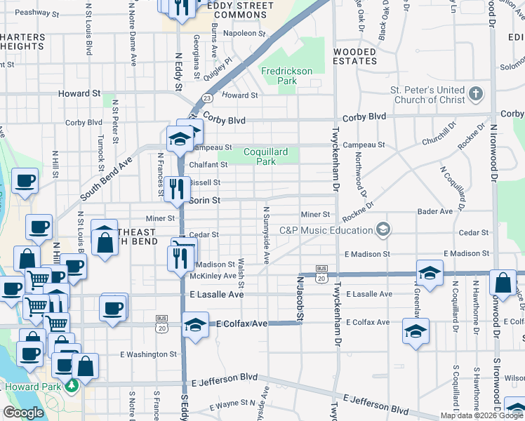 map of restaurants, bars, coffee shops, grocery stores, and more near 533 North Sunnyside Avenue in South Bend