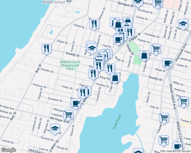 map of restaurants, bars, coffee shops, grocery stores, and more near 1819 South Main Street in Fall River