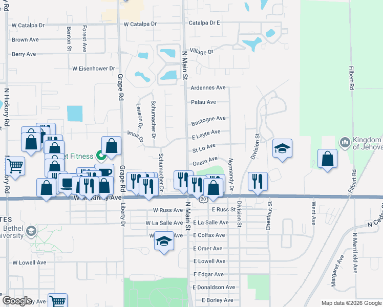 map of restaurants, bars, coffee shops, grocery stores, and more near 2506 North Main Street in Mishawaka