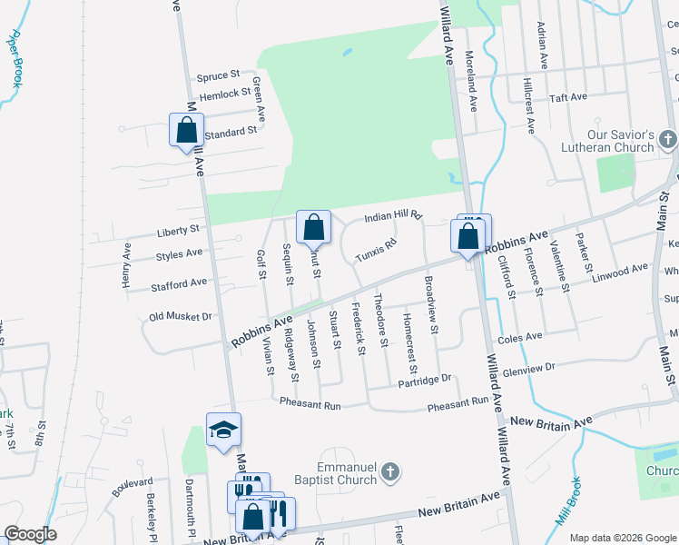 map of restaurants, bars, coffee shops, grocery stores, and more near 165 Indian Hill Road in Newington