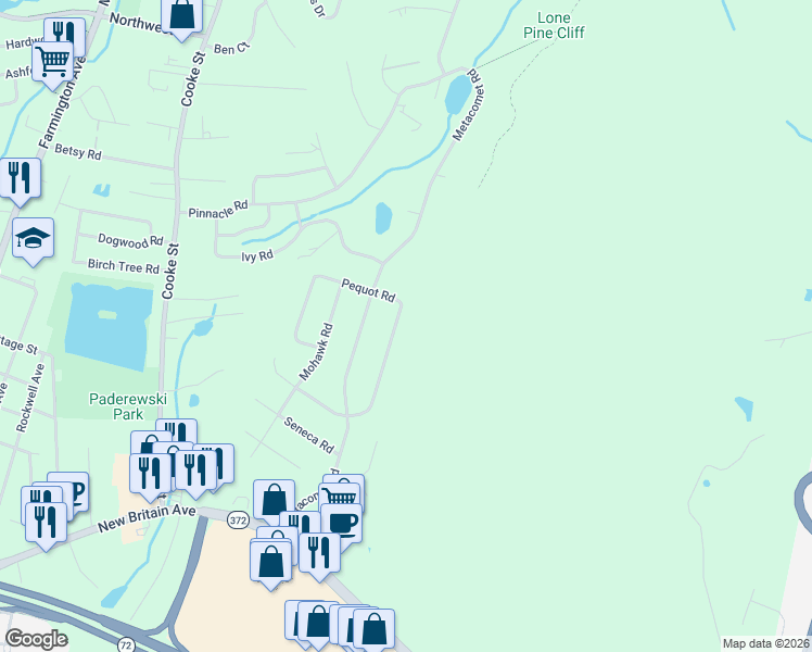 map of restaurants, bars, coffee shops, grocery stores, and more near 26 Pequot Road in Plainville
