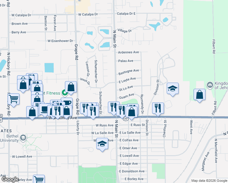 map of restaurants, bars, coffee shops, grocery stores, and more near 2506 North Main Street in Mishawaka