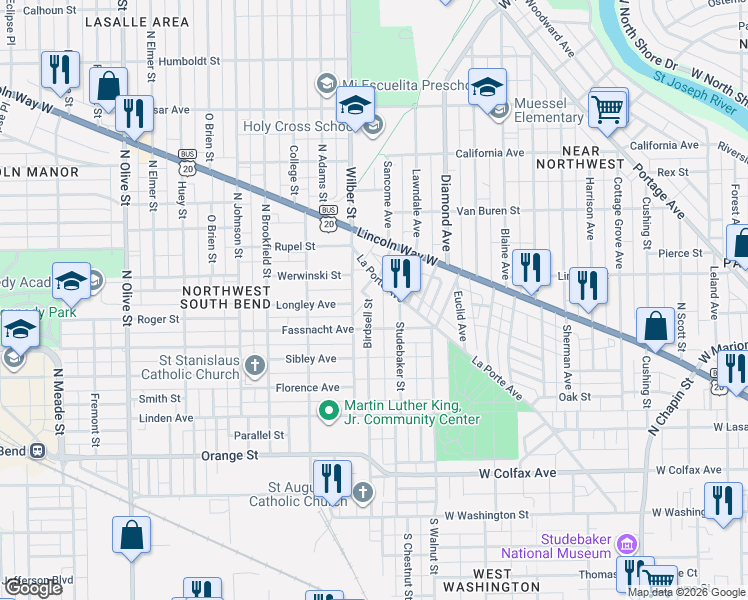 map of restaurants, bars, coffee shops, grocery stores, and more near 635 Studebaker Street in South Bend
