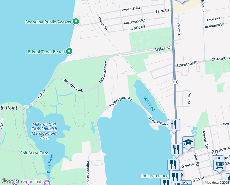 map of restaurants, bars, coffee shops, grocery stores, and more near 60 Poppasquash Road in Bristol