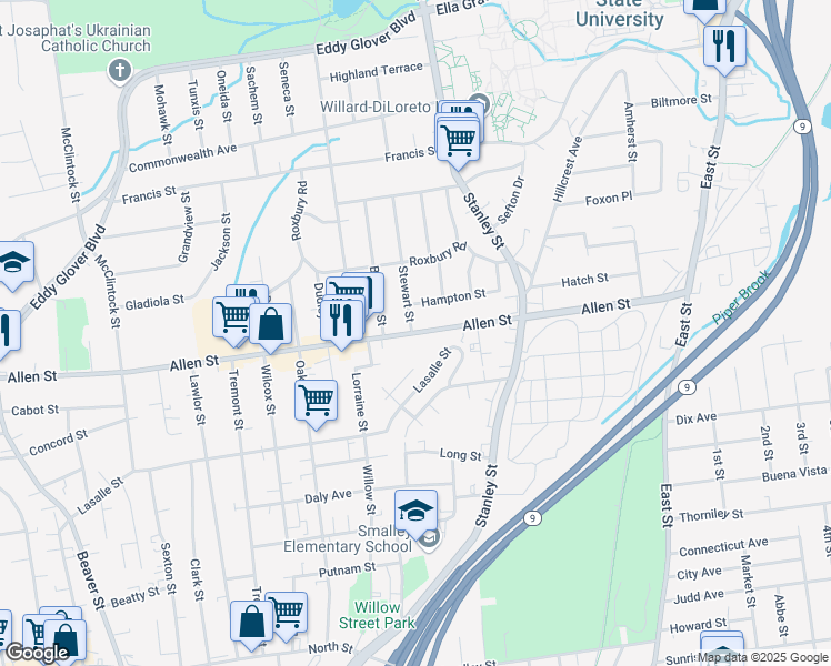 map of restaurants, bars, coffee shops, grocery stores, and more near 460 Allen Street in New Britain