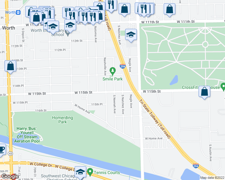 map of restaurants, bars, coffee shops, grocery stores, and more near 11458 South Neenah Avenue in Worth