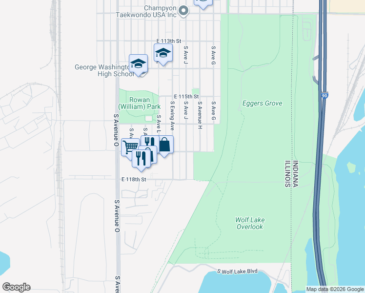 map of restaurants, bars, coffee shops, grocery stores, and more near 11637 South Avenue J in Chicago