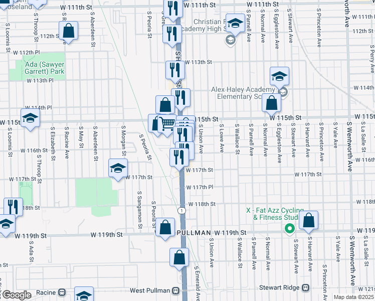 map of restaurants, bars, coffee shops, grocery stores, and more near 11629 South Halsted Street in Chicago