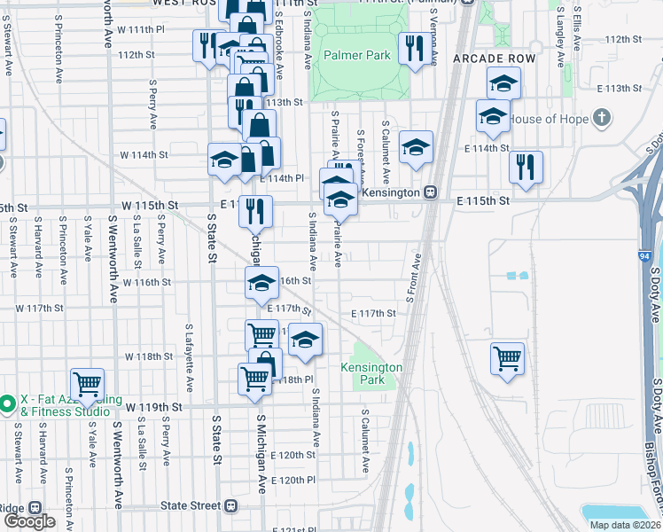 map of restaurants, bars, coffee shops, grocery stores, and more near 11560 South Prairie Avenue in Chicago