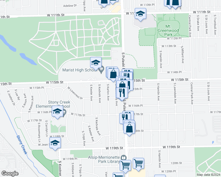 map of restaurants, bars, coffee shops, grocery stores, and more near 11521 South Karlov Avenue in Alsip