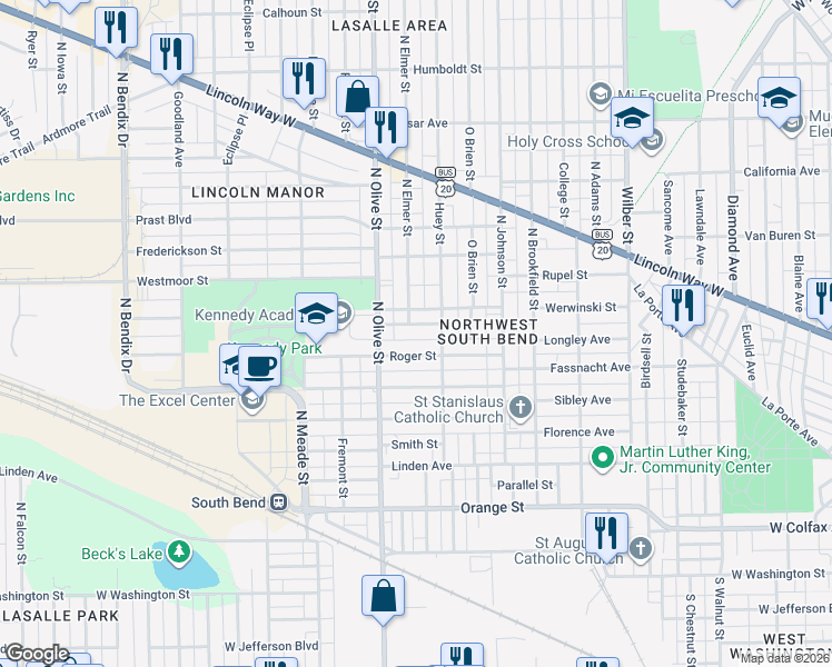 map of restaurants, bars, coffee shops, grocery stores, and more near 2207 Longley Avenue in South Bend