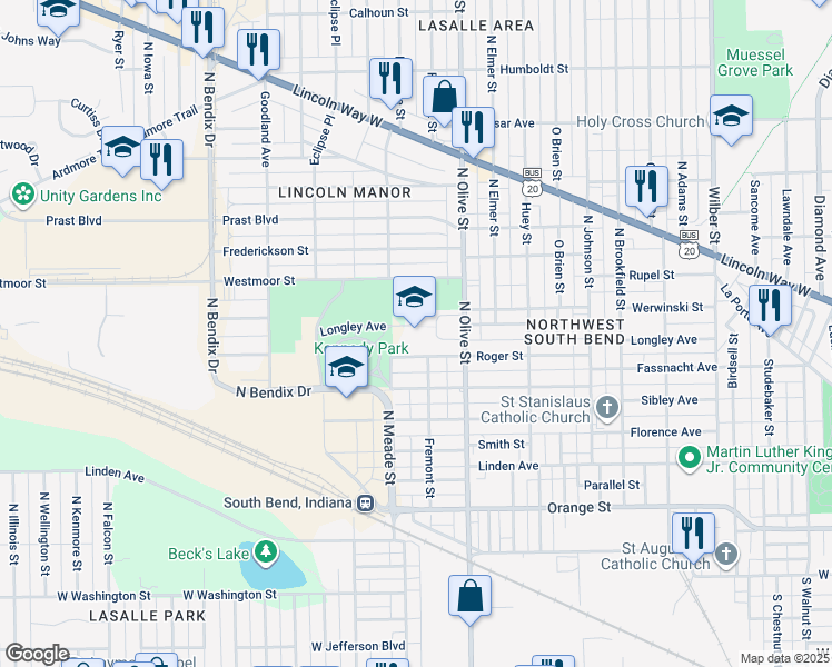 map of restaurants, bars, coffee shops, grocery stores, and more near 609 North Olive Street in South Bend